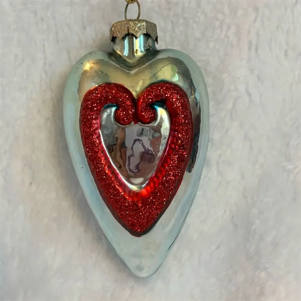 Vintage Heart-Shaped Silver and Red Glass hand painted Holiday Ornament - Picture 1 of 3